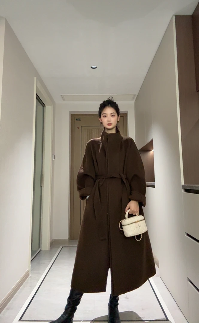 山羊绒毛呢外套立领中长款毛呢拼接冬季秋冬长款气质时尚900