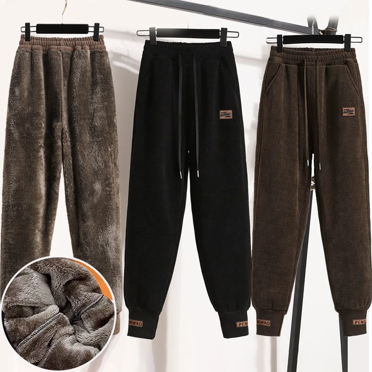 加绒加厚卫裤女冬季新款休闲裤百搭宽松显瘦高腰束脚保暖裤子女