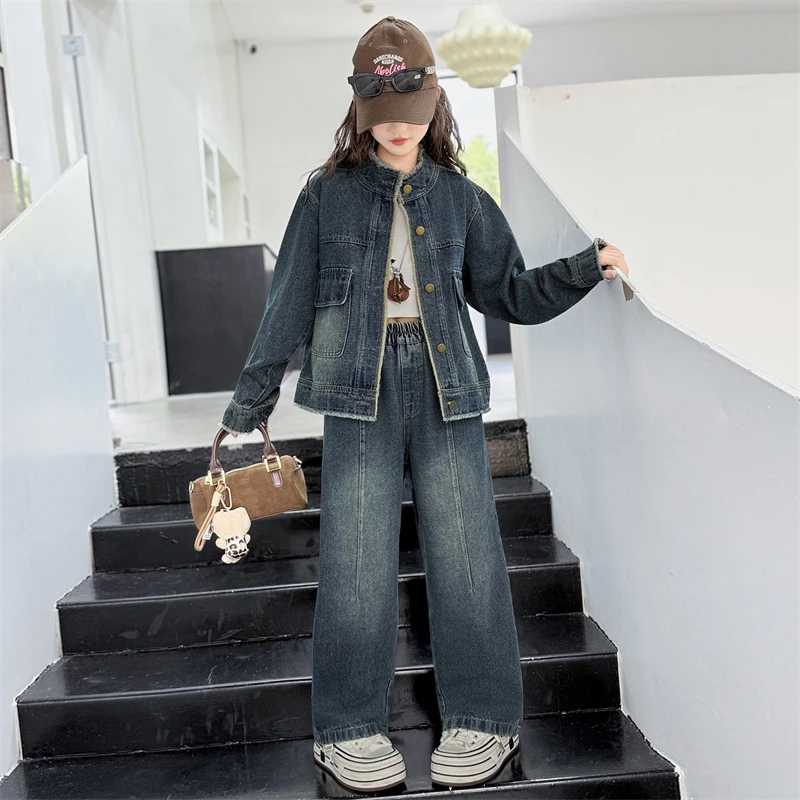 女童套装2025新款儿童春秋季洋气复古牛仔外套休闲阔腿裤两件套潮