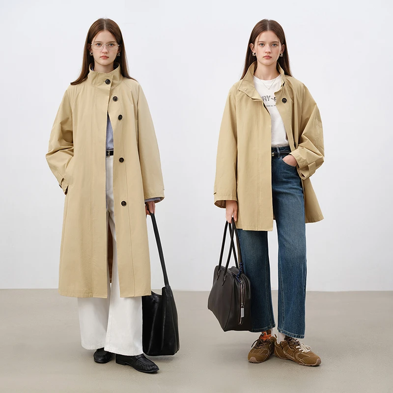 自巧巧裁系列~小个子女装休闲卡其色立领风衣外套大衣 25ZQ91109