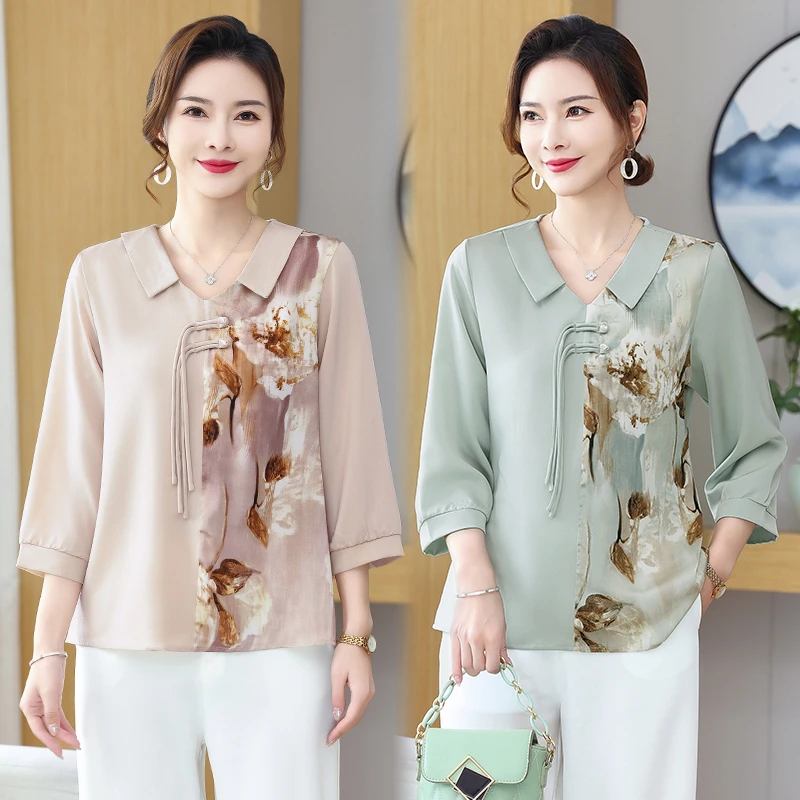 洋气妈妈装七分袖T恤2025春夏新款中年女装气质减龄小衫薄款上衣