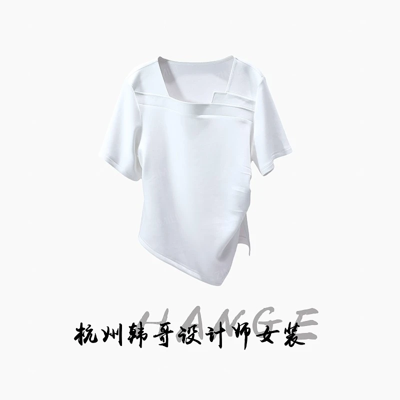 【韩哥女装】时装周秀场同款月光白压褶休闲时尚高克重短袖9688