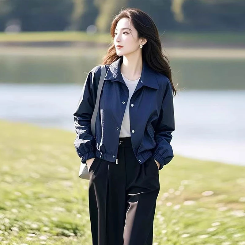 2025春季新款个性夹克简约通勤短外套女立领小个子宽松遮肉上衣女