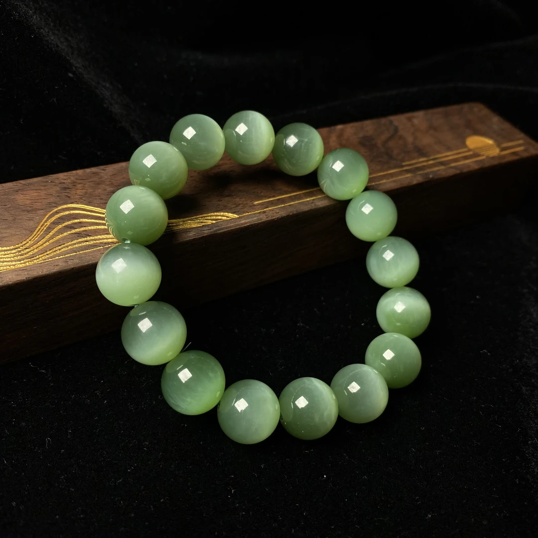 【芳華珠宝X】·典藏级·和田碧玉11-12MM荧光猫眼手串单圈玉手串