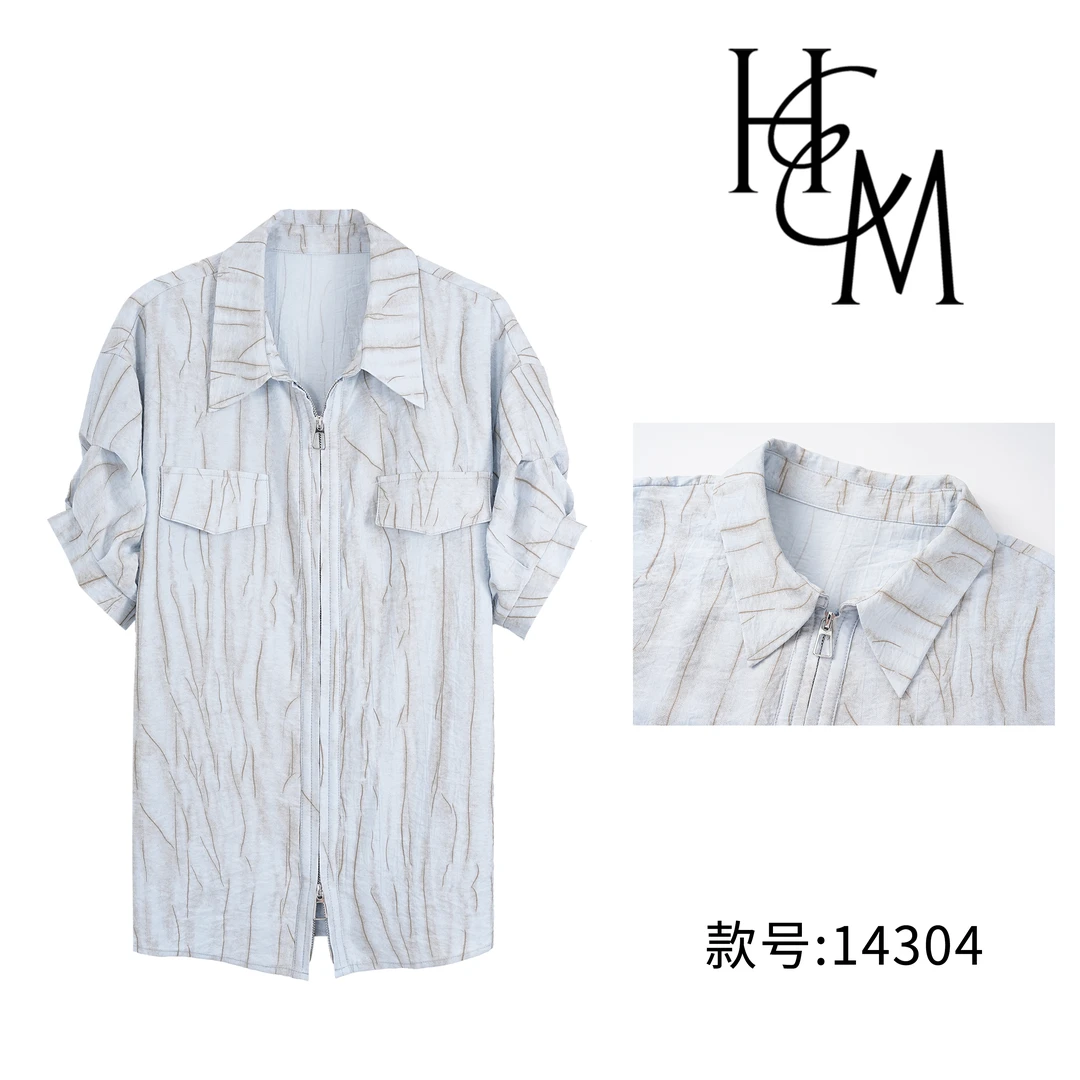 HUIERMAN/慧尔曼时尚设计师款线条感拉链短袖衬衫【14304】