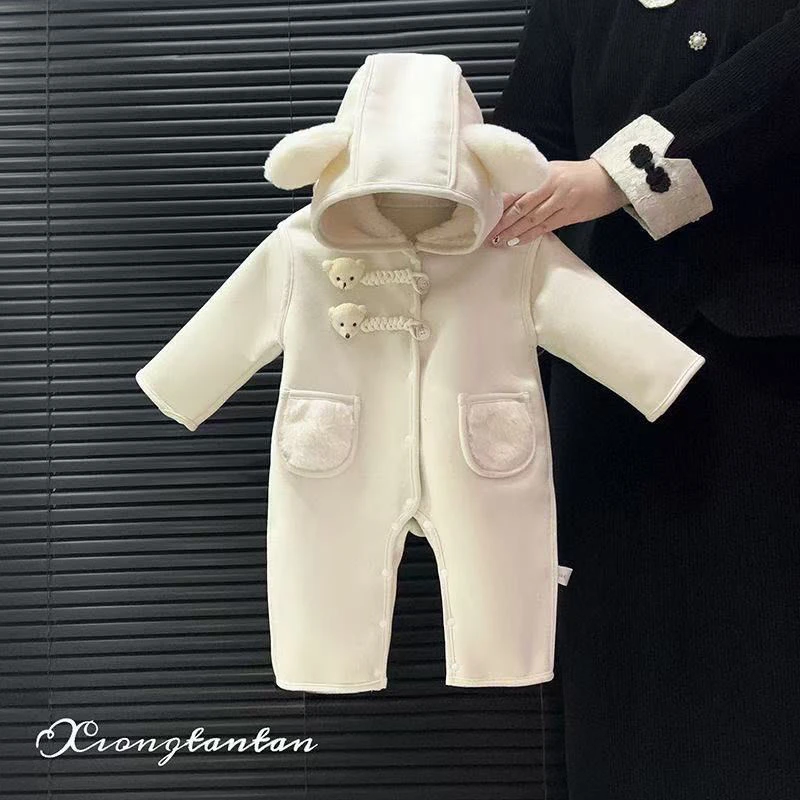 宝宝冬季哈衣婴幼儿加绒连体衣软壳防风外出服