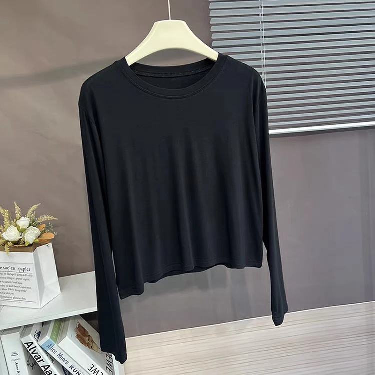 056 简约长袖短款圆领打底衫夏季薄款垂感宽松居家休闲纯色罩衫