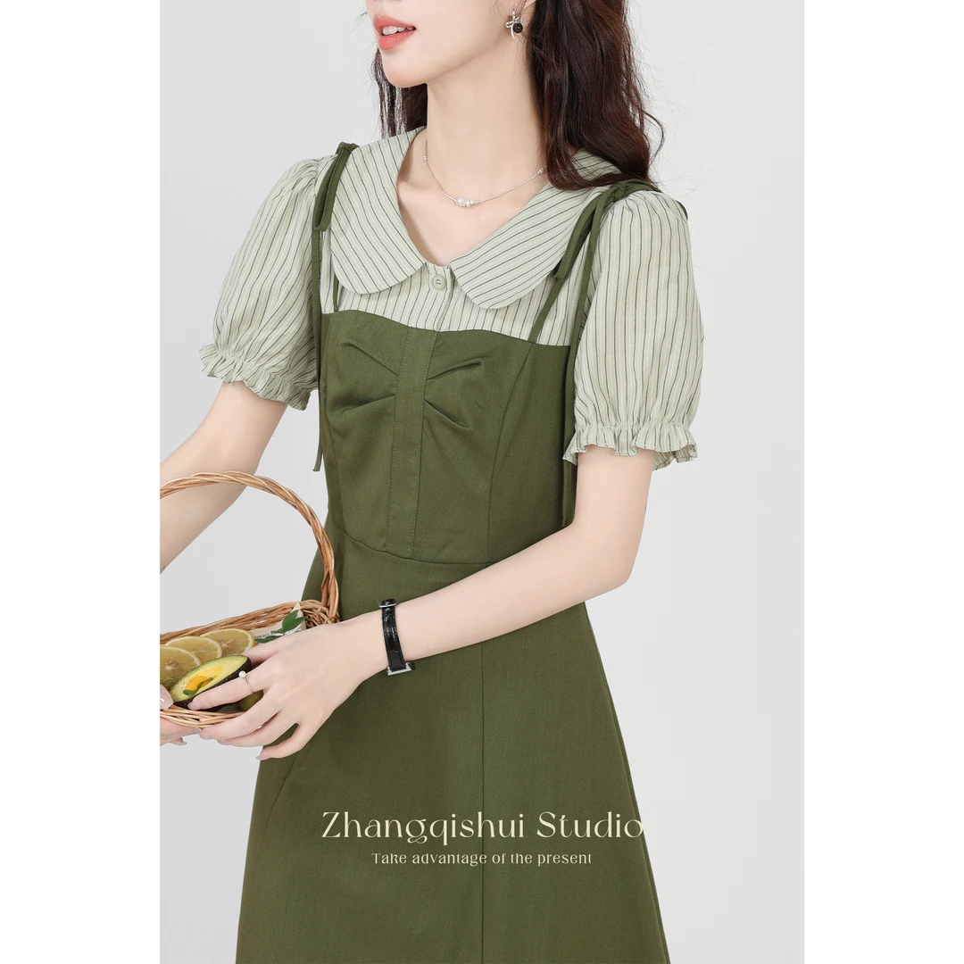 张汽水《清荷蝶舞》女绿色小众设计a字显瘦假两件连衣裙NZ10104