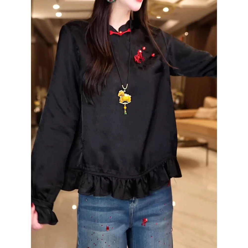 复古文艺风提花长袖黑色衬衫2026春季新款优雅高级感盘扣圆领衬衣