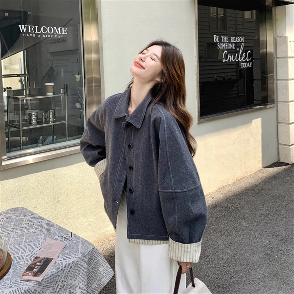 减龄复古条纹拼接深灰色翻领外套女春秋2025新款小个子巨好看夹克