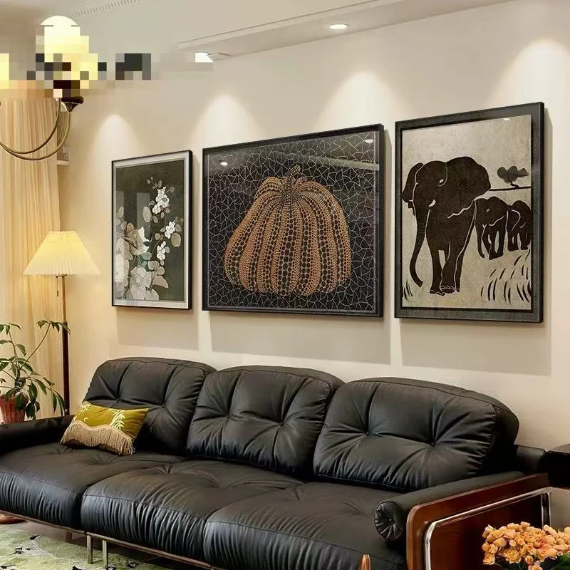 吉祥如意  中古风 风美式复古艺术大象客厅沙发背景墙三联装饰画