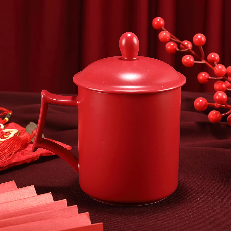 陶瓷中国红色茶杯带盖大容量高温瓷杯子