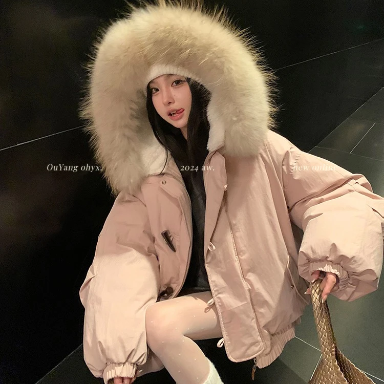 牛角扣大毛领服外套女短款冬韩系新款小个子加厚工装派克服