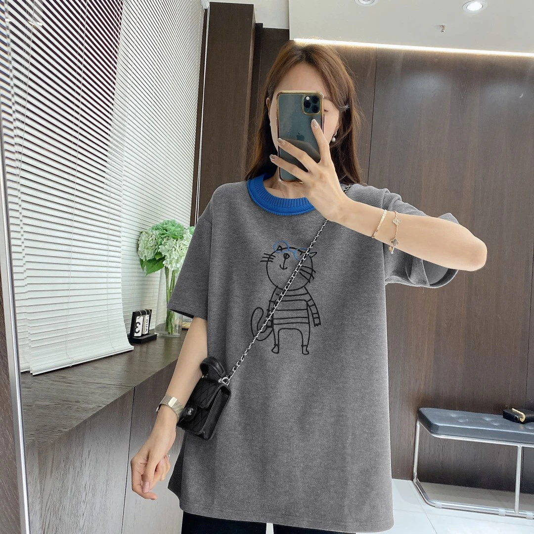 IMFLY金小金自制女装 T恤DYW8656春季慵懒风宽松卡通猫咪短袖上衣