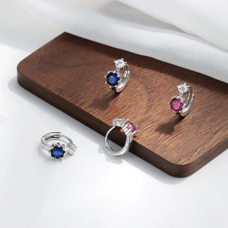 925银合成锆石耳饰 925银几何彩色锆石耳环 时尚复古精致耳扣