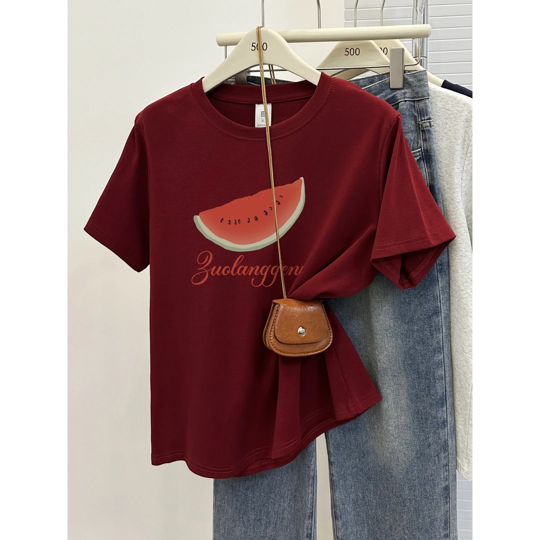 夏天圆领正肩短袖t恤大码女装ins西瓜水果印花休闲百搭半袖上衣
