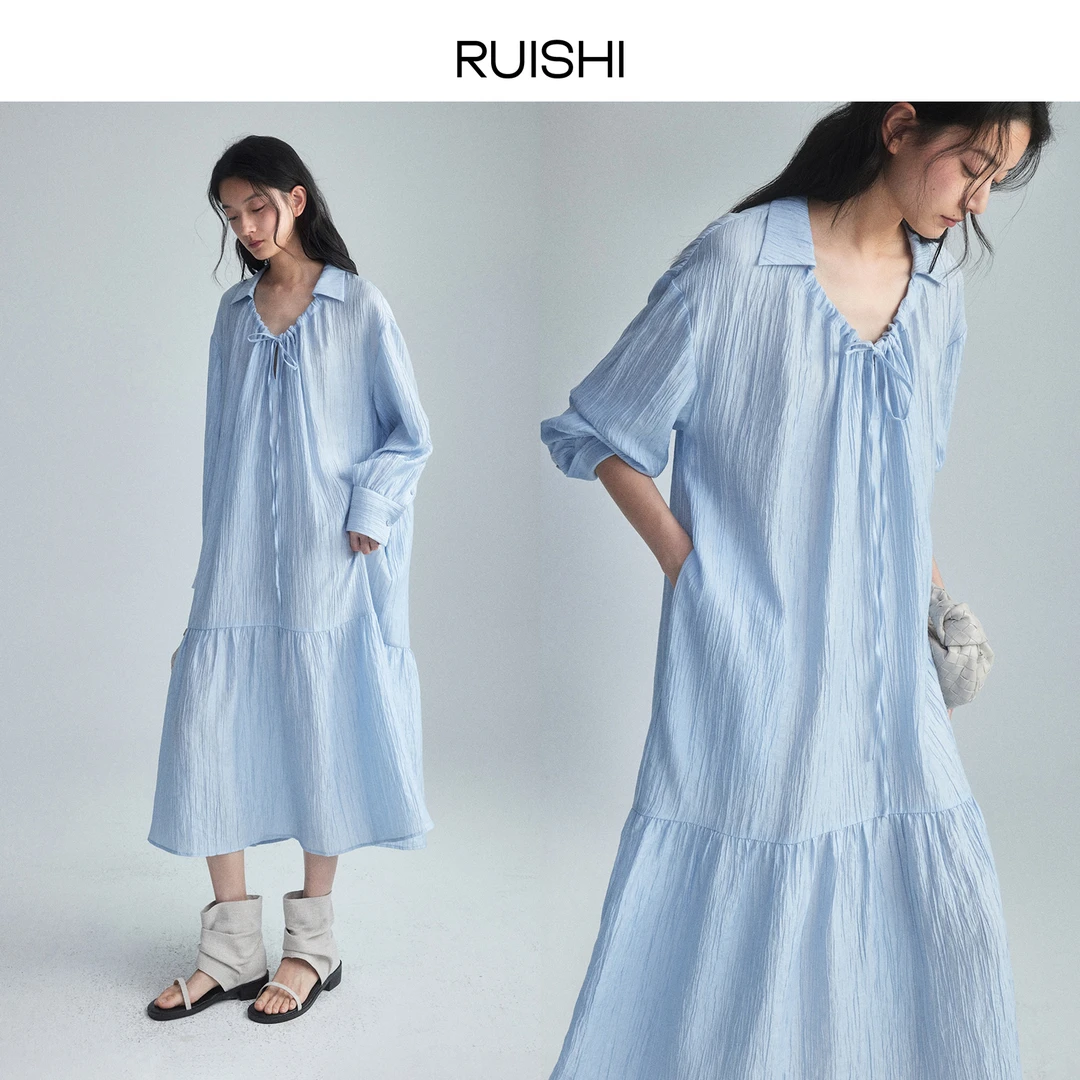 RUISHI芮时珠光醋酸荡领显瘦度假风A字连衣裙女R25A131505