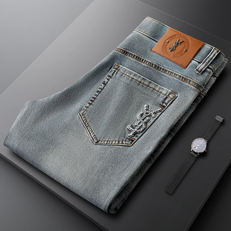 轻奢兰色男士商务牛仔裤秋季时尚修身时尚弹力潮流百搭休闲裤男款