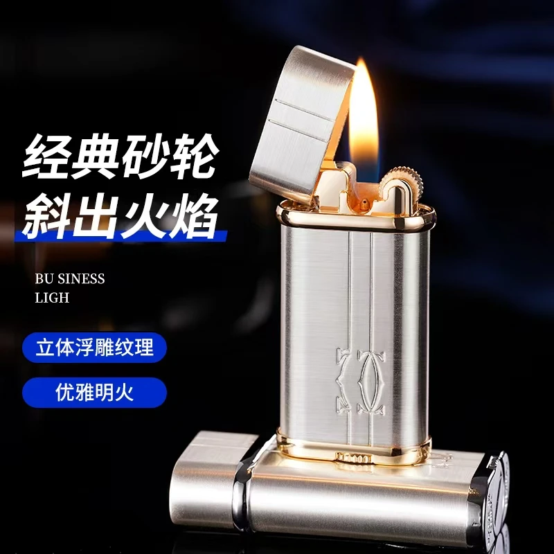 复古斜火砂轮优雅明火点烟器男士高档商务礼品创意打火机经典