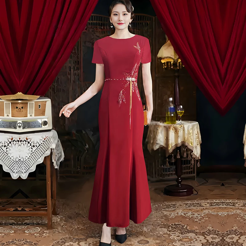 新中式钻饰钉珠喜庆婚宴喜婆婆敬酒晚装 新娘结婚妈妈鱼尾礼服裙
