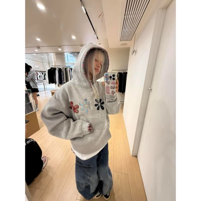 国潮牌花朵撞色刺绣帽连帽卫衣女秋冬季宽松情侣慵懒风外套#WY36