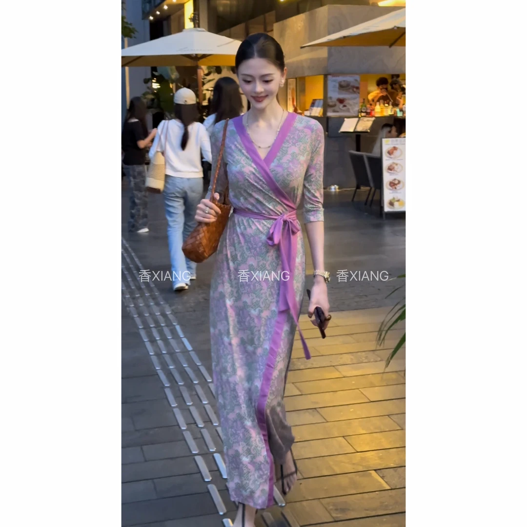 香香【紫雾秘境】2025夏新中式气质优雅紫罗兰印花裹身裙显瘦连衣裙