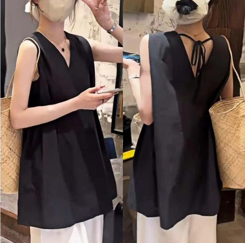 法式气质露背镂空系带v领无袖衬衫女夏2025新款高级宽松背心上衣