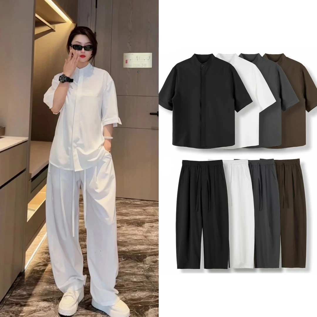 冰丝短袖衬衫套装夏季免烫男士薄款纯色衬衣休闲裤两件套