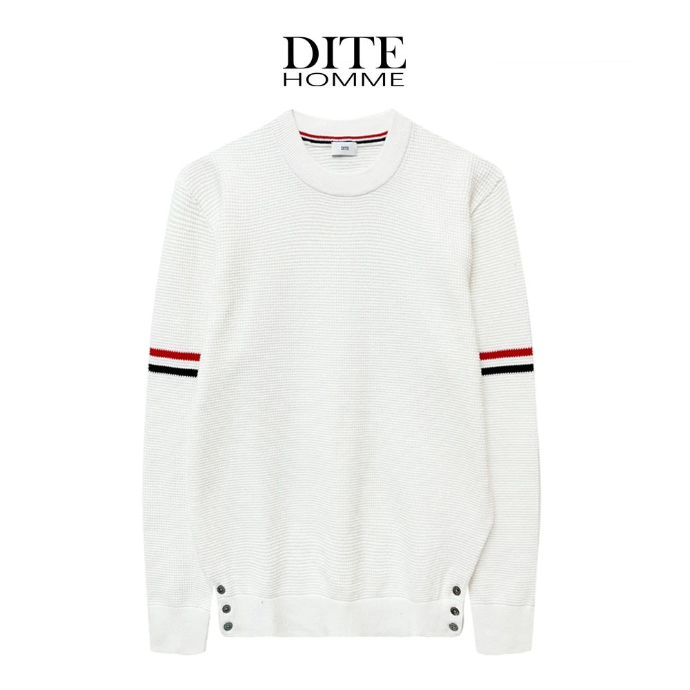 Dite迪特男款春秋纯色长袖针织拼色圆领毛衣袖子彩条华夫格纹