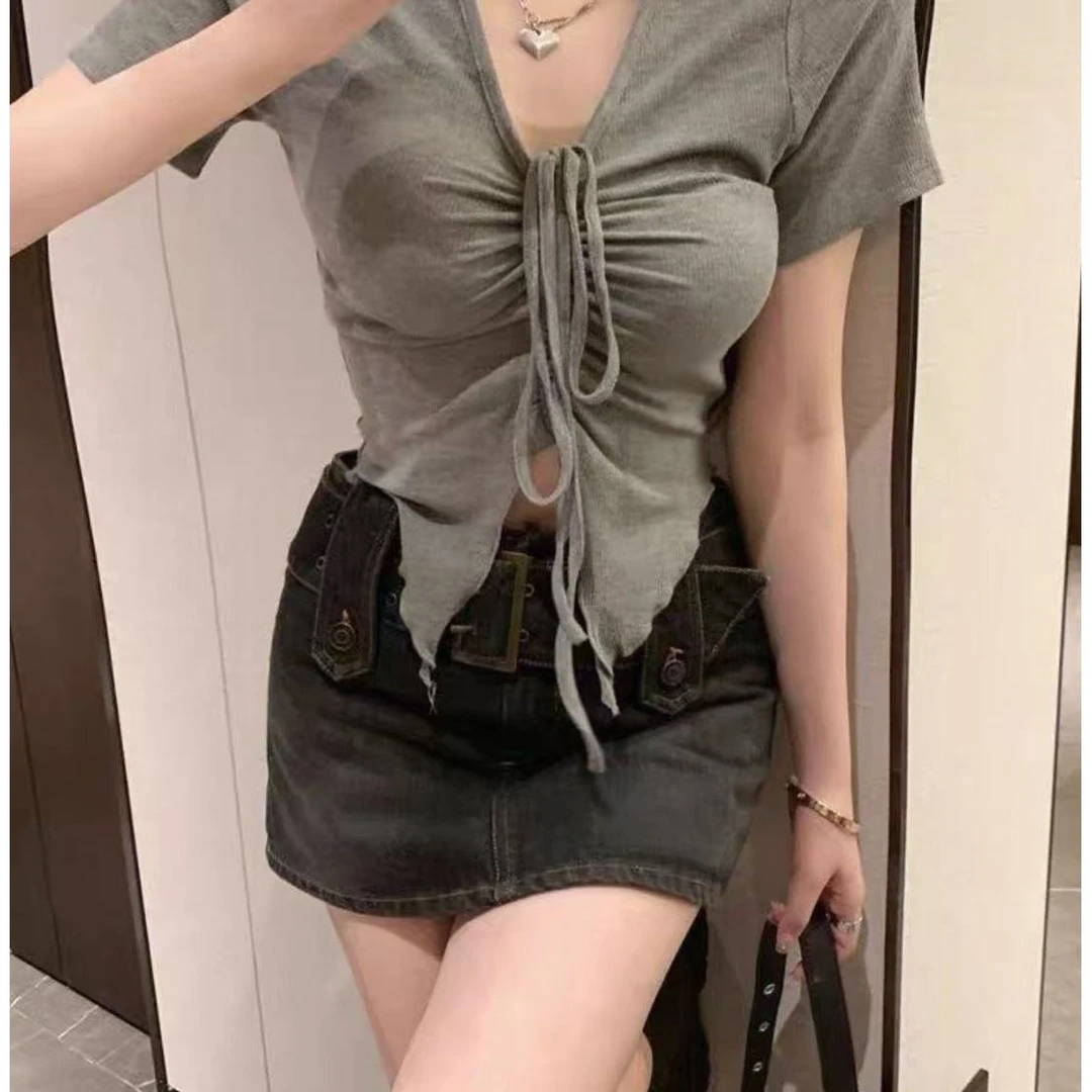 （倩倩）胖mm设计感抽绳不规则辣妹T恤女夏小众抽褶甜辣上衣3081