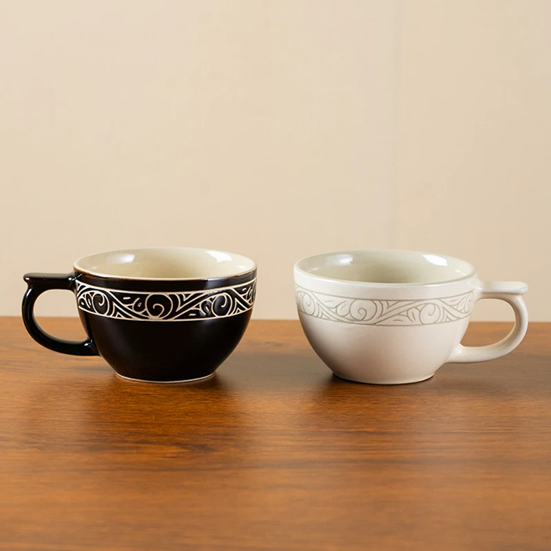 安磁创意无盖款磁州窑茶杯咖啡杯黑白刻茶杯手工精致