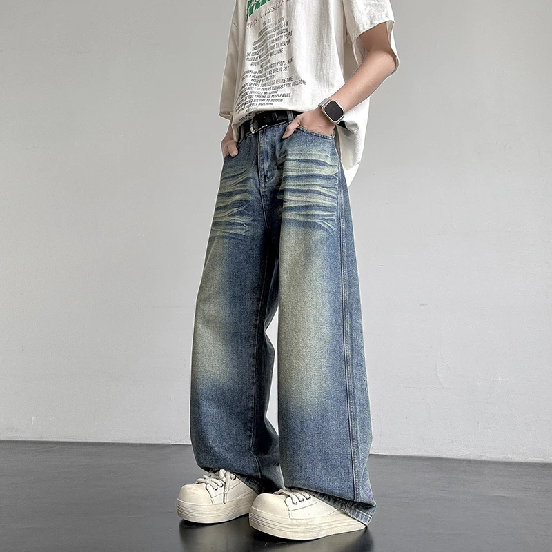 四季水洗猫须做旧洗水拖地牛仔裤纯色复古公版港风宽松直筒休闲裤