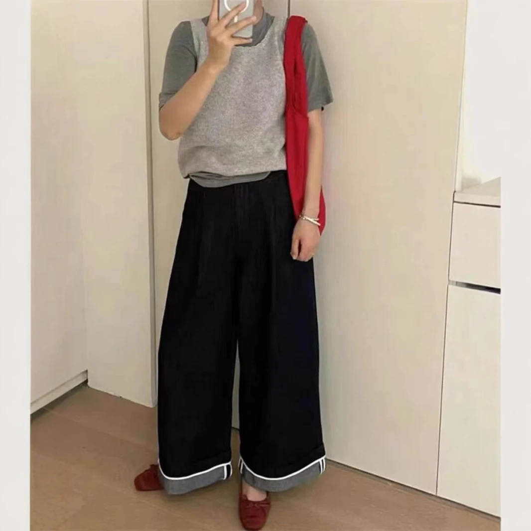 十三行韩系翻边设计 春季新款时髦百搭显瘦宽松阔腿休闲裤女直筒