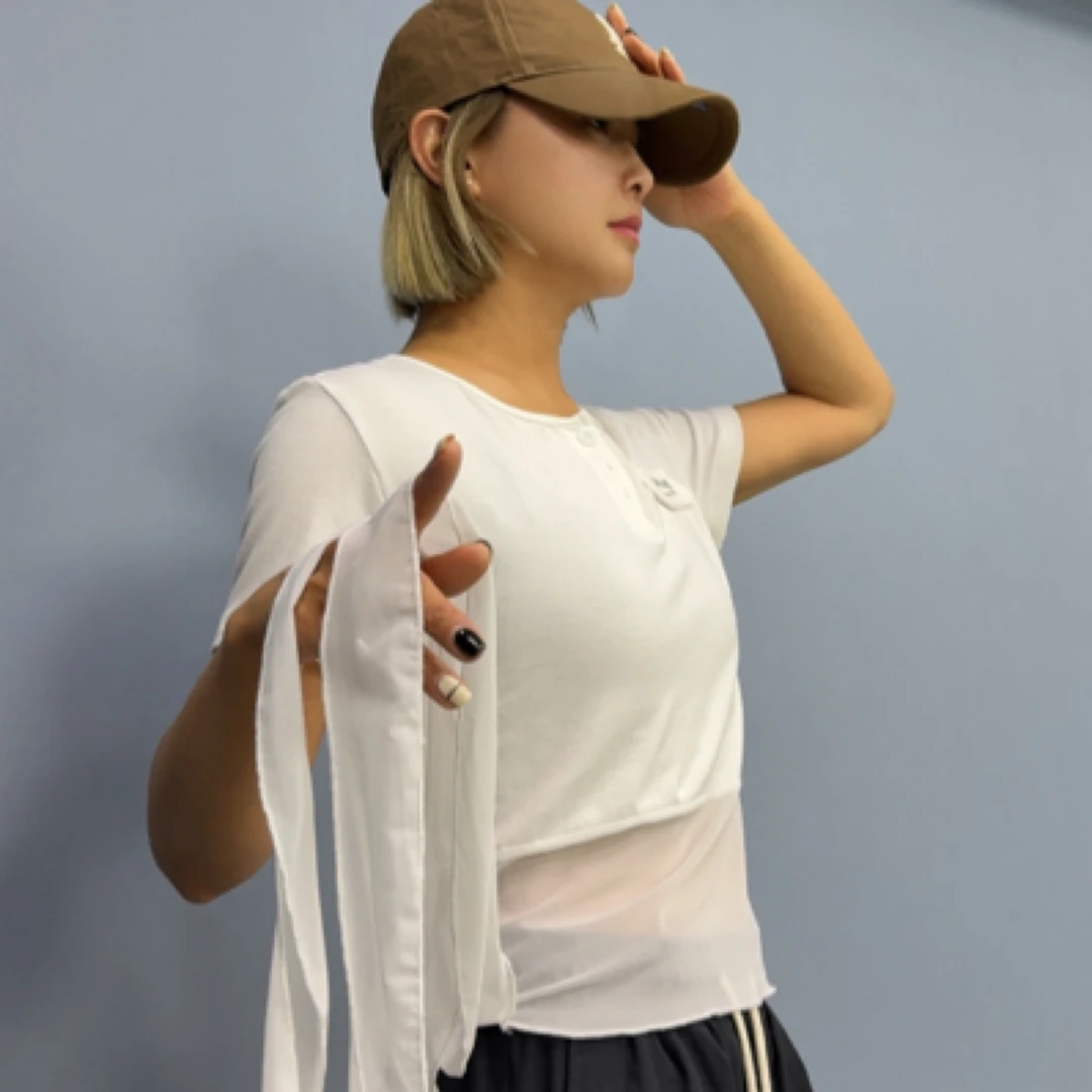 联盟9565半网纱朦胧飘带短袖