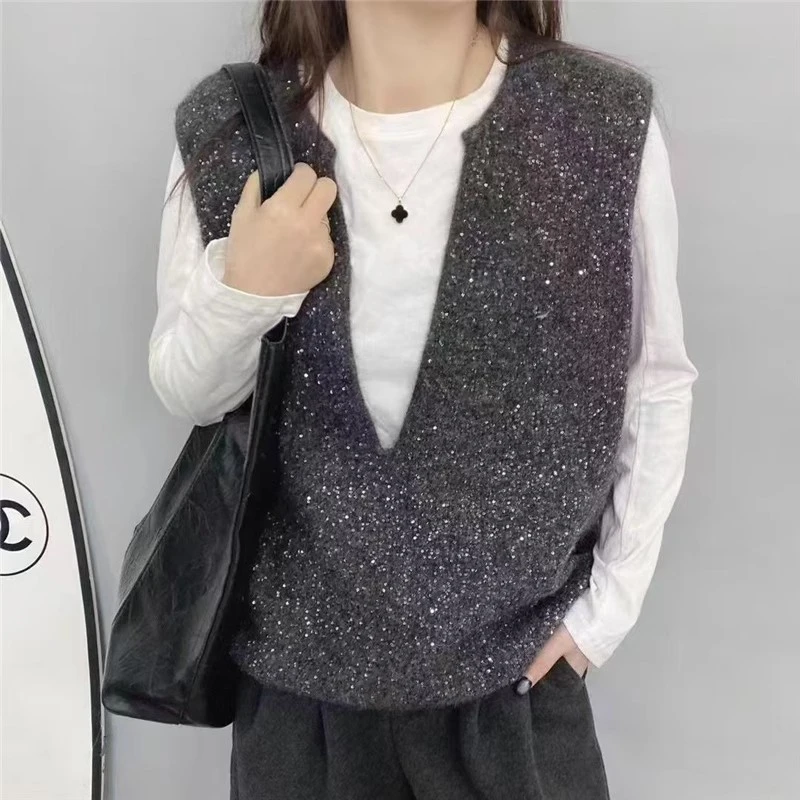 欧货时尚V领亮片满天星毛衣马甲背心女2025冬新款百搭洋气无袖女