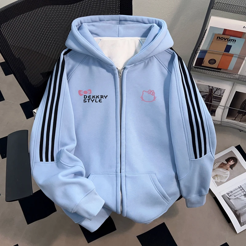 Dekkry韩系风可爱凯蒂猫字母印花秋冬连帽开衫三条杠卫衣男女外套