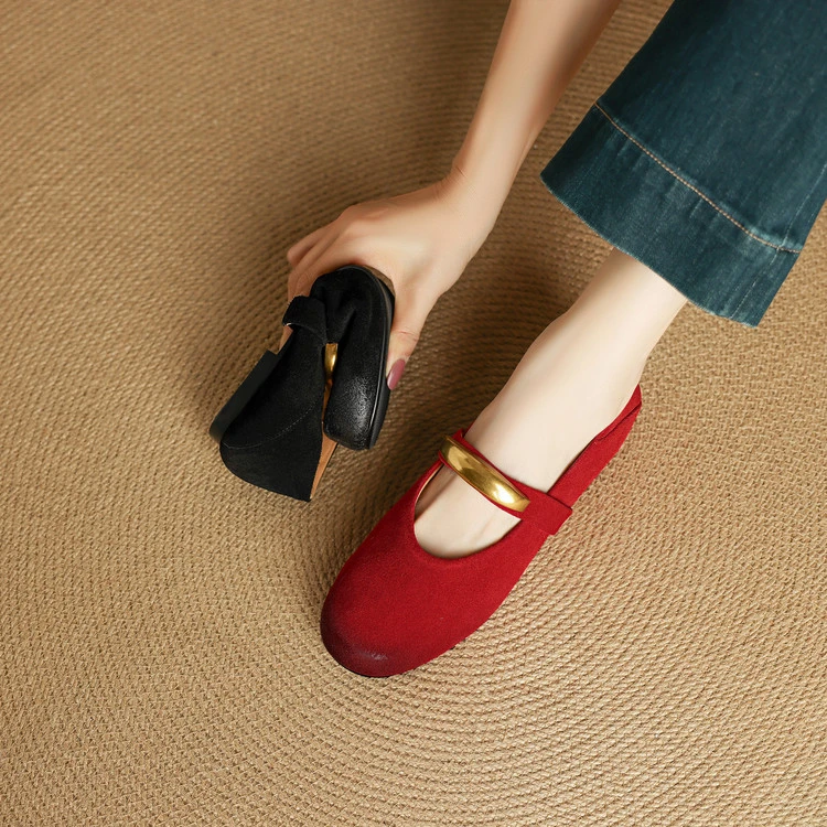 牛翻皮~1cm真皮红色法式玛丽珍女鞋2025春夏新款百搭浅口平底单鞋