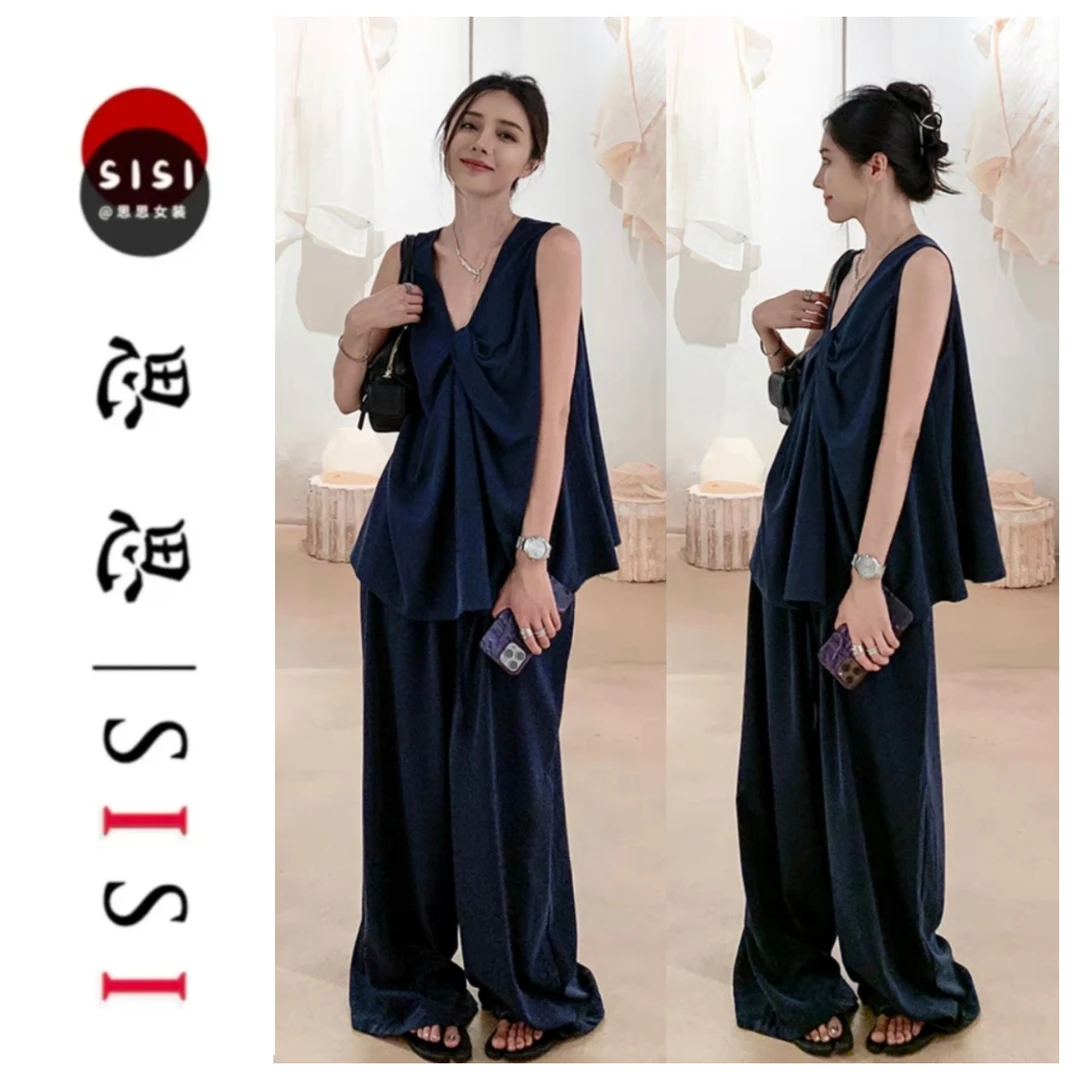 【新款】两件套/正反两穿设计感扭结V领藏蓝色上衣+裤子松弛感套装