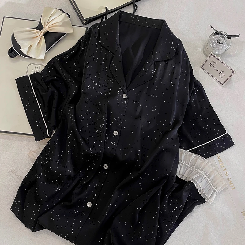 黑色漫天星冰雪丝睡衣女款爆款2025年新款夏季睡裙休闲时尚家居服