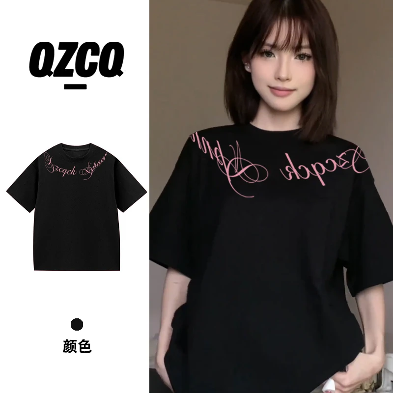QZCQ美式复古小众休闲宽松百搭夏季短袖T恤慵懒设计潮上衣圆领女