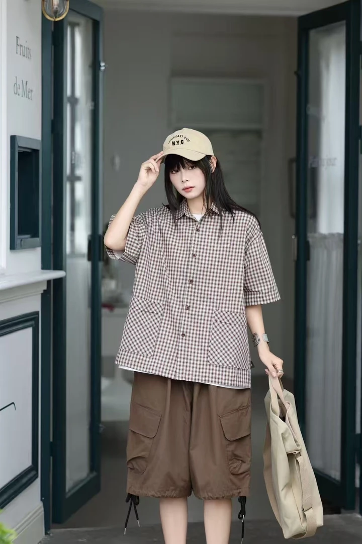 男装夏季薄款格纹衬衫男宽松潮流港风口袋休闲百搭衬衣日系