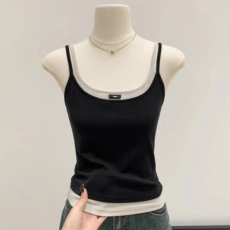 美式甜辣假两件小背心女春夏季外穿黑色吊带打底内搭无袖短款上衣