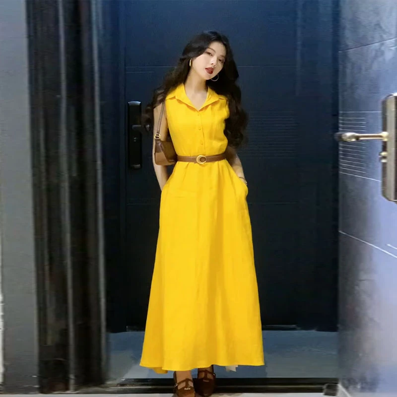 柠檬黄高级感翻领无袖连衣裙女夏季收腰显瘦独特超好看多巴胺裙子