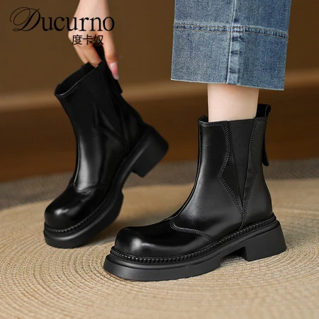 DUCURNO英伦风套筒弹力靴女厚底真皮马丁靴百搭时尚瘦瘦靴小短靴