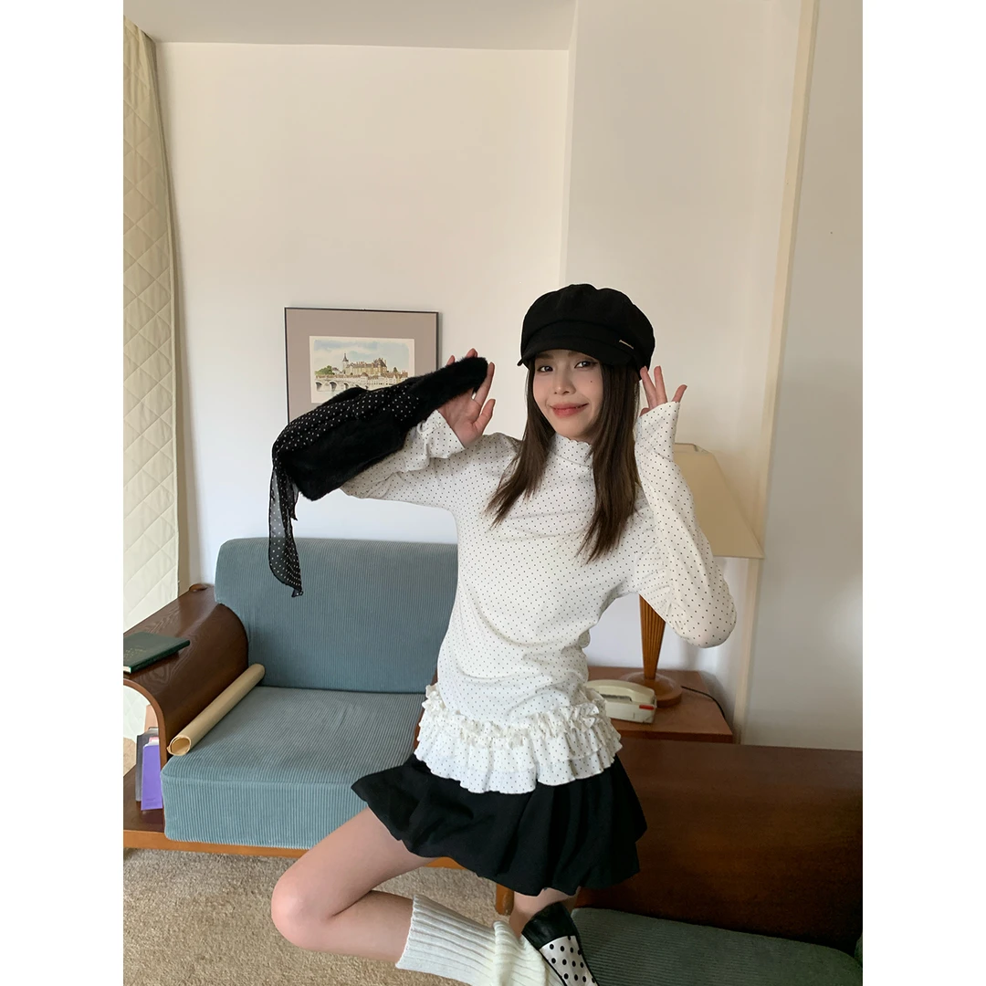 宋正恩白色波点木耳边打底衫女内搭秋冬2025年叠穿半高领长袖上衣