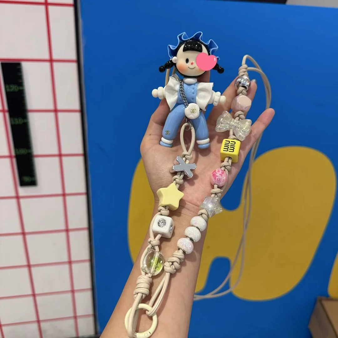 A000纯手工粘土捏制蓝白手机斜挎链绳