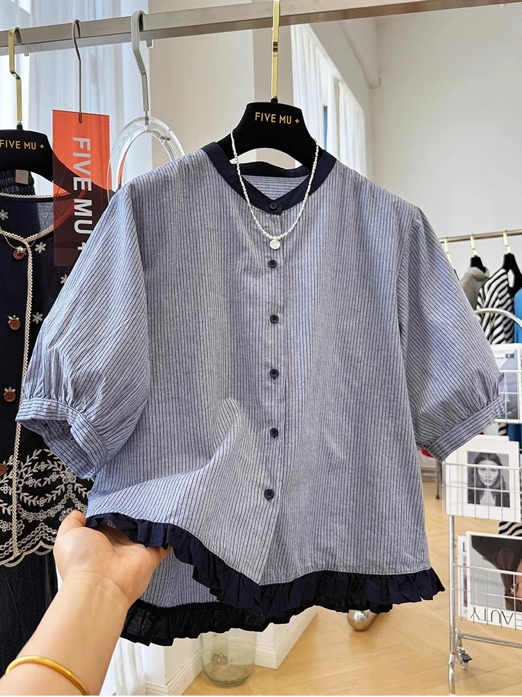 条纹短袖衬衫女装夏季2025新款十三行大码衬衣韩版宽松泡泡袖上衣