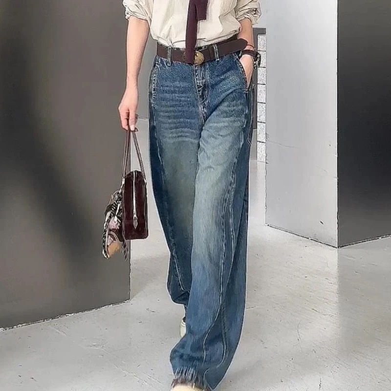 【风磨旧蓝】复古时尚弯刀牛仔阔腿裤女2025春秋夏显瘦直筒休闲裤子