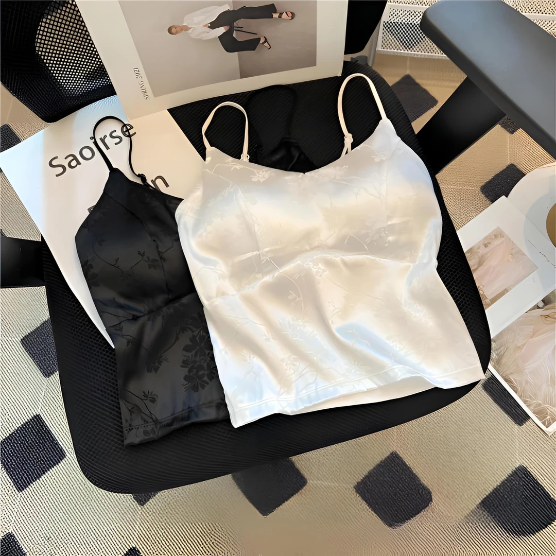 新中式高级感提花缎面醋酸吊带背心女内搭带胸垫打底抹胸上衣女