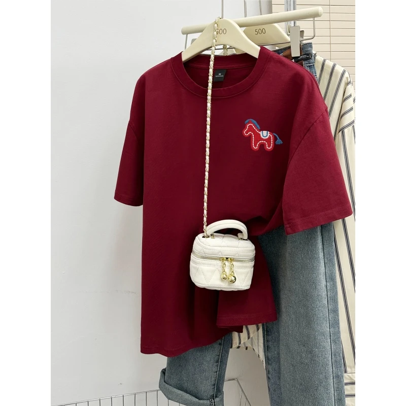2026新款酒红色圆领短袖t恤女装爆款宽松大码纯棉半袖体恤上衣潮